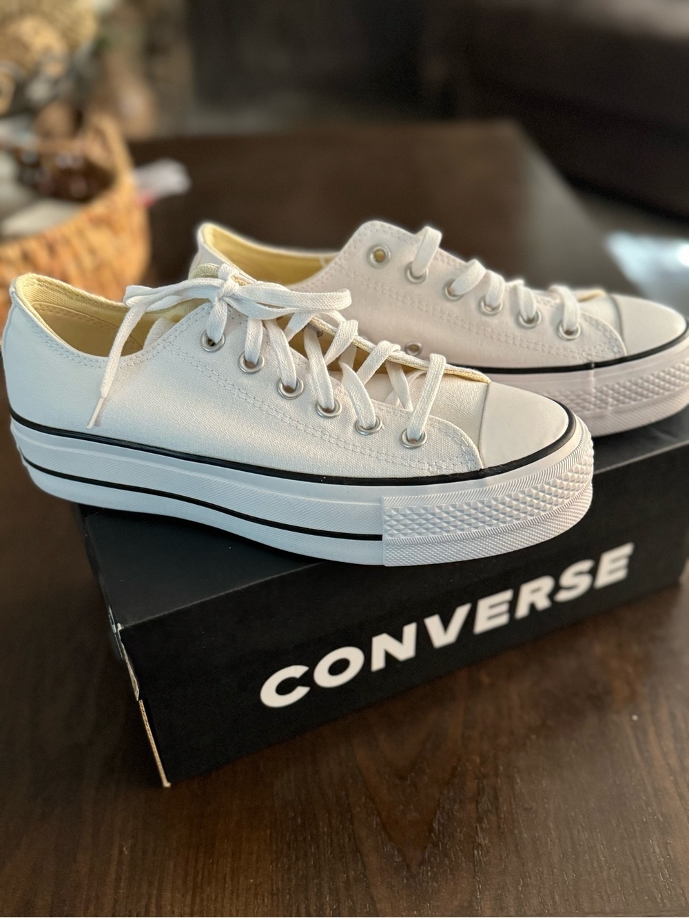 Converse Women’s White Low Top Platform Sneakers with Black Stripe